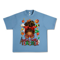 Santa's Favorite Teacher Afro Messy Bun Urban Heavy Tee | Teevron