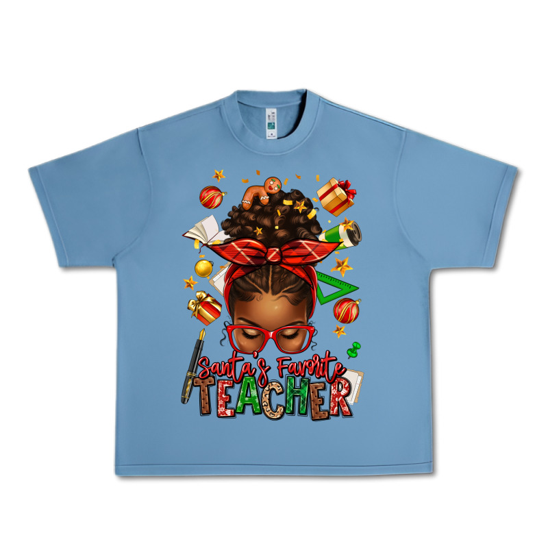 Santa's Favorite Teacher Afro Messy Bun Urban Heavy Tee by texasbilliewilder | Teevron
