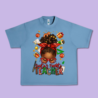 Santa's Favorite Teacher Afro Messy Bun Urban Heavy Tee Designed By Texasbilliewilder