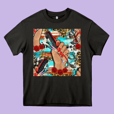 Hairdresser Hand Scissors And Roses With Serape Leopard And Cowhide Se Heavy Core Tee Designed By Bundleandbundleshop