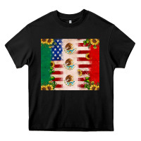 American Flag Mexico Flag Sunflower Cactus Heavy Core Tee | Teevron