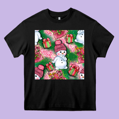 Cute Snowman And Gift Box With Leopard Seamless Pattern Bbs Heavy Core Tee Designed By Bundleandbundleshop