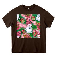 Chocolate Brown cute snowman and gift box with leopard seamless pattern bbs Heavy Core Tee - BundleAndBundleShop
