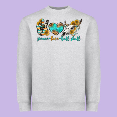 Peace Love Bull Skull Bbs Heavyweight Sweatshirt Designed By Bundleandbundleshop