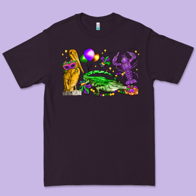 Mardi Gras Pelican Alligator And Crawfish Premium Tee Designed By Lillyallendesigns