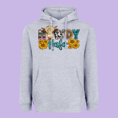 Western Howdy Heifer With Simmental Cow Heavyweight Hoodie Designed By Lillyallendesigns