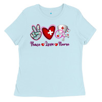 Baby Blue Peace Love Nurse Ladies Tee - RanaPortraitStore