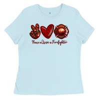 Baby Blue Peace Love Firefighter Ladies Tee - RanaPortraitStore