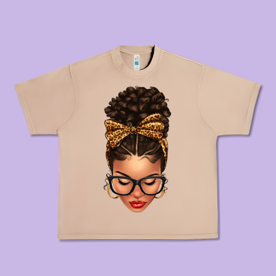 Light Skin Afro Messy Bun Leopard Bow Urban Heavy Tee Designed By Texasbilliewilder