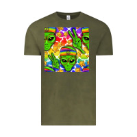 Vintage Olive Pride LGBTQ+ aliens and stars with rainbow Vintage Tee - NancyCooperArtShop
