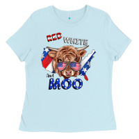 Baby Blue Red White And Moo Cow Ladies Tee - RanaPortraitStore