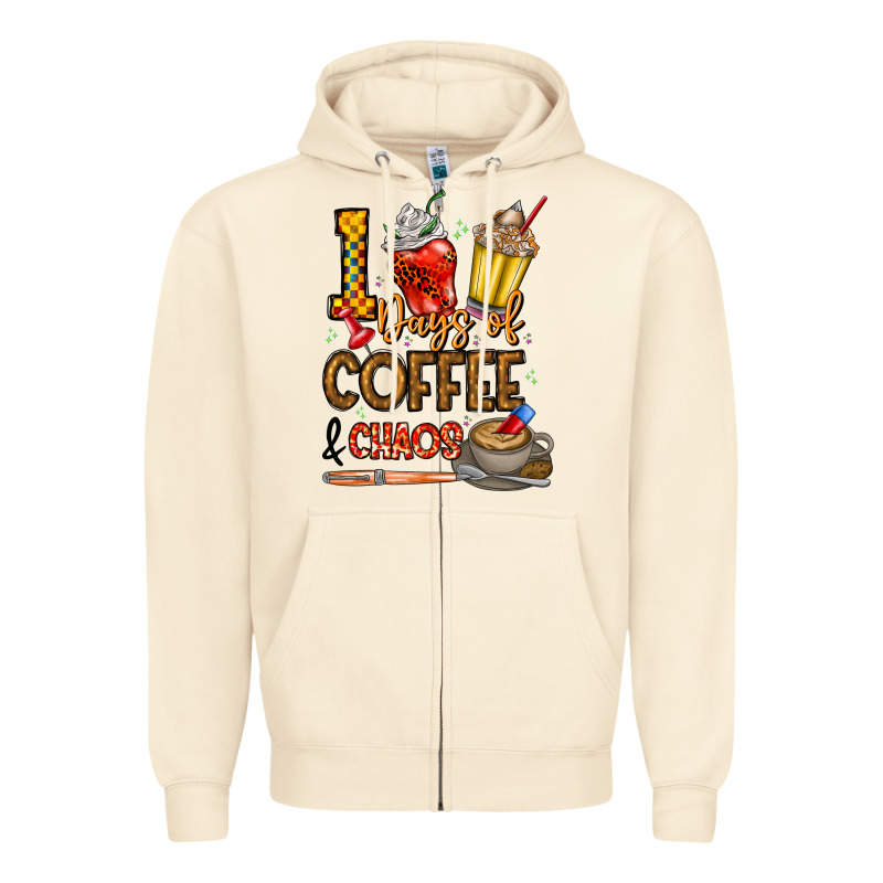 100. Days Of Coffee  Chaos Zipper Hoodie by CowhideDigitalArt | Teevron
