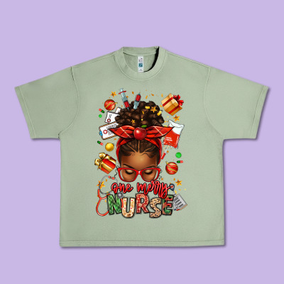 One Merry Nurse Afro Messy Bun Urban Heavy Tee Designed By Texasbilliewilder
