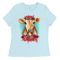 Baby Blue Floral Cow Ladies Tee - RanaPortraitStore