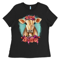 Black Floral Cow Ladies Tee - RanaPortraitStore