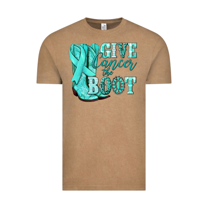 Give Cancer The Boot Ovarian Cancer Teal Ribbon Vintage Tee by NancyCooperArtShop | Teevron