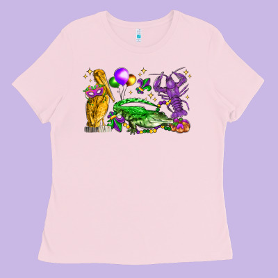Mardi Gras Pelican Alligator And Crawfish Ladies Tee Designed By Lillyallendesigns
