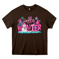 Chocolate Brown hello winter pink snowman Heavy Core Tee - MaliasSmallBusiness