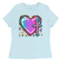 Baby Blue easter cross heart la Ladies Tee - LillyAllenDesigns