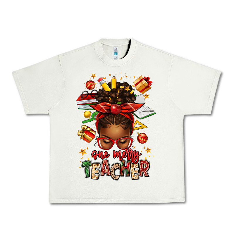 One Merry Teacher Afro Messy Bun Urban Heavy Tee by texasbilliewilder | Teevron