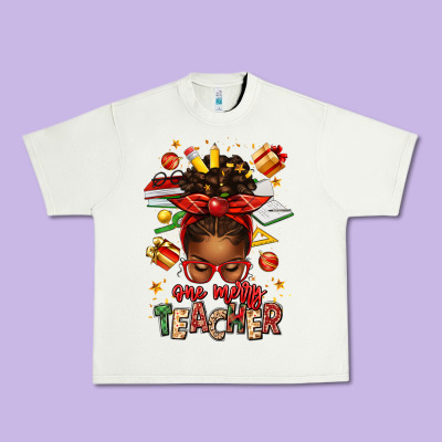 One Merry Teacher Afro Messy Bun Urban Heavy Tee Designed By Texasbilliewilder