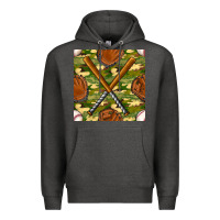 Charcoal Heather baseball bat and gloves with camouflage seamless pattern Premium Hoodie - BundleAndBundleShop