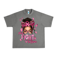 Pray Fight Believe Breast Cancer Afro Messy Bun Urban Heavy Tee | Teevron