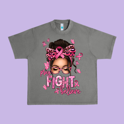Pray Fight Believe Breast Cancer Afro Messy Bun Urban Heavy Tee Designed By Texasbilliewilder