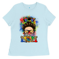 Baby Blue autism mom messy bun Ladies Tee - LillyAllenDesigns