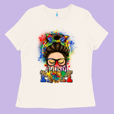 Autism Mom Messy Bun Ladies Tee Designed By Lillyallendesigns