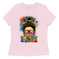 Bubblegum Pink autism mom messy bun Ladies Tee - LillyAllenDesigns
