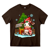 Chocolate Brown merry christmas cow Heavy Core Tee - MaliasSmallBusiness