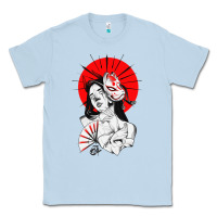 Dusty Blue japanese geisha samurai fox mask red sun Classic Tee - tuanDangUi