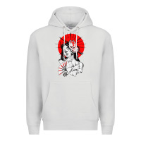 Dove Grey japanese geisha samurai fox mask red sun Premium Hoodie - tuanDangUi
