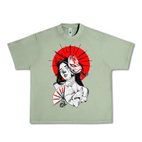 Oil Green japanese geisha samurai fox mask red sun Urban Heavy Tee - tuanDangUi