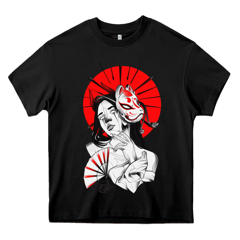 Japanese Geisha Samurai Fox Mask Red Sun Heavy Core Tee by tuanDangUi | Teevron