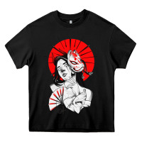 Black japanese geisha samurai fox mask red sun Heavy Core Tee - tuanDangUi