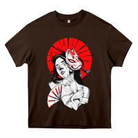 Chocolate Brown japanese geisha samurai fox mask red sun Heavy Core Tee - tuanDangUi