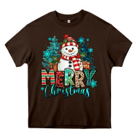 Chocolate Brown merry christmas snowman Heavy Core Tee - MaliasSmallBusiness