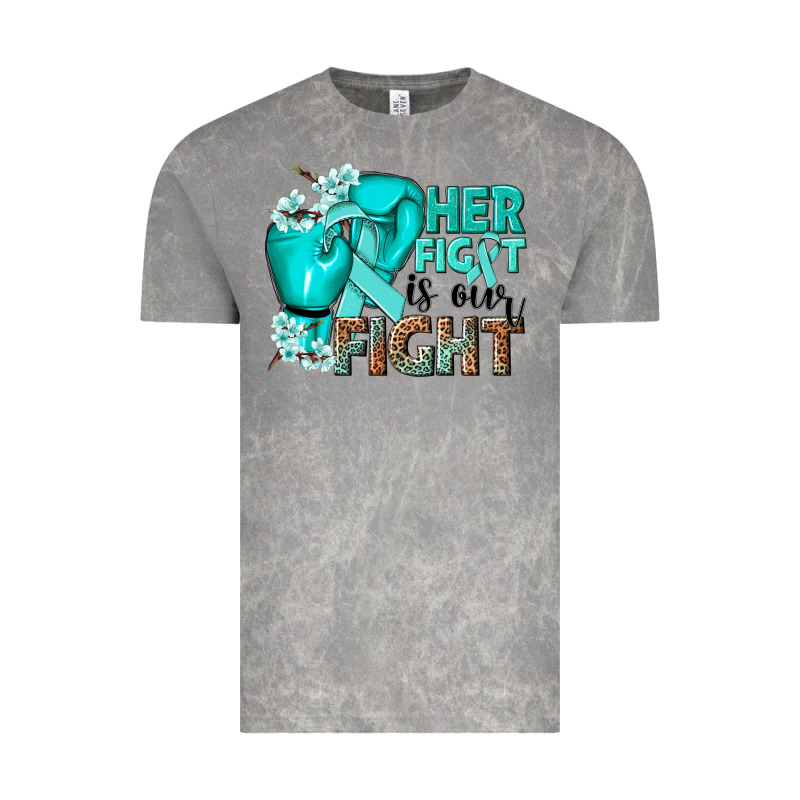 Her Fight Is Our Fight Ovarian Cancer Teal Ribbon Vintage Tee by NancyCooperArtShop | Teevron