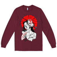 Burgundy japanese geisha samurai fox mask red sun Long Sleeve Tee - tuanDangUi