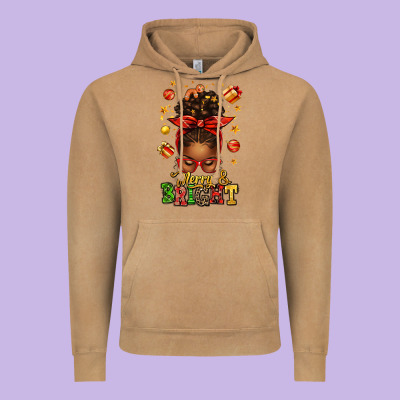 Merry And Bright Christmas Afro Messy Bun Vintage Hoodie Designed By Texasbilliewilder