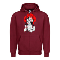 Burgundy japanese geisha samurai fox mask red sun Zipper Hoodie - tuanDangUi