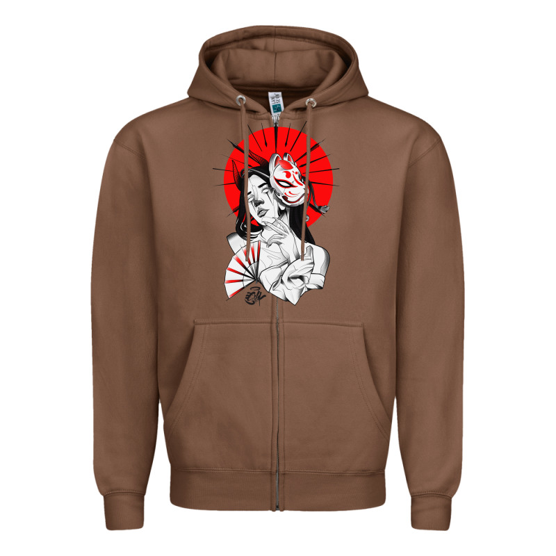 Japanese Geisha Samurai Fox Mask Red Sun Zipper Hoodie by tuanDangUi | Teevron