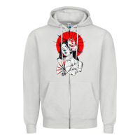 Dove Grey japanese geisha samurai fox mask red sun Zipper Hoodie - tuanDangUi