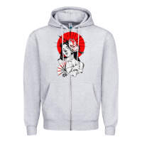 Heather Grey japanese geisha samurai fox mask red sun Zipper Hoodie - tuanDangUi