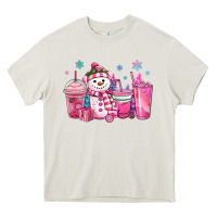 Cream pink christmas snowman coffee cups Heavy Core Tee - MaliasSmallBusiness