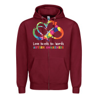 Burgundy Love Needs No Words Heart Puzzle Autism Zipper Hoodie - CowhideDigitalArt