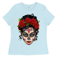 Baby Blue mexican sugar skull messy bun woman Ladies Tee - LillyAllenDesigns