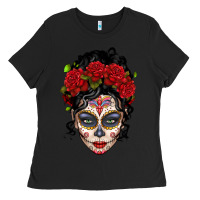 Black mexican sugar skull messy bun woman Ladies Tee - LillyAllenDesigns
